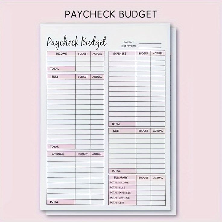 a printable paycheck budget sheet on a pink background