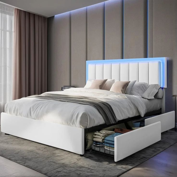 42023950745642|42023950778410 White Queen Bed Frame, Light Headboard, Led Headboard, White Queen Bed, Led Bed, Led Beds, Bedroom Makeover Ideas, Bed Frame With Drawers, White Bed Frame