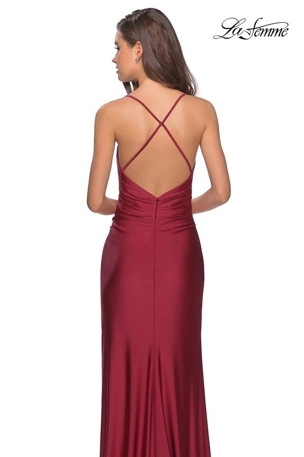 La Femme 28206 Dress - Formal Approach - La Femme Formal Party Dresses Flattering Silhouette Prom Evening Dress, Formal Dresses With Ruched Back For Prom, Formal Dresses With Ruched Back For Prom Season, Formal Ruched Back Dresses For Prom Season, Fitted Homecoming Dress With Ruched Back, Fitted Prom Dress With Ruched Back, Elegant Homecoming Evening Dress With Corset Back, Elegant Evening Dress With Corset Back For Homecoming, Fitted Dress With Ruched Back For Prom