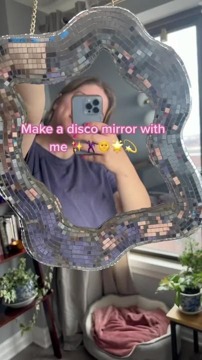 a woman taking a selfie in front of a mirror with the words make a disco mirror with me