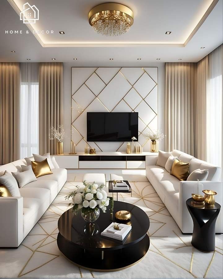 the living room is decorated in white and gold