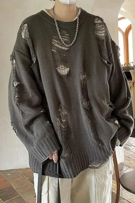 Clothes With Holes Aesthetic, Ripped Clothing Aesthetic, Ripped Knit Sweater Outfit, Tattered Sweater Outfit, Grunge Hoodie Design, Ripped Sweater Outfit Men, How To Distress Knit Sweater, Distressed Knitted Sweater, How To Distress Sweaters