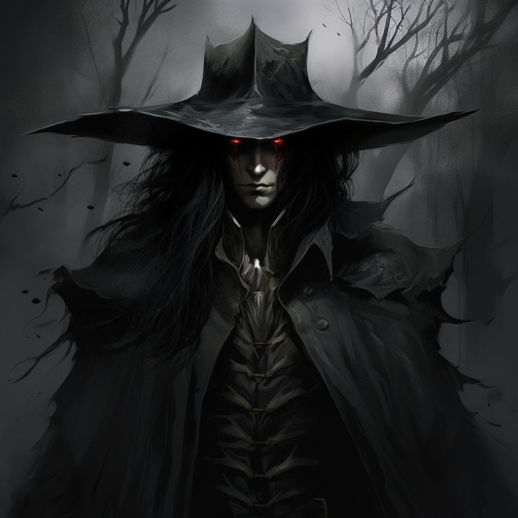 a man with long hair wearing a black hat and coat in the woods at night