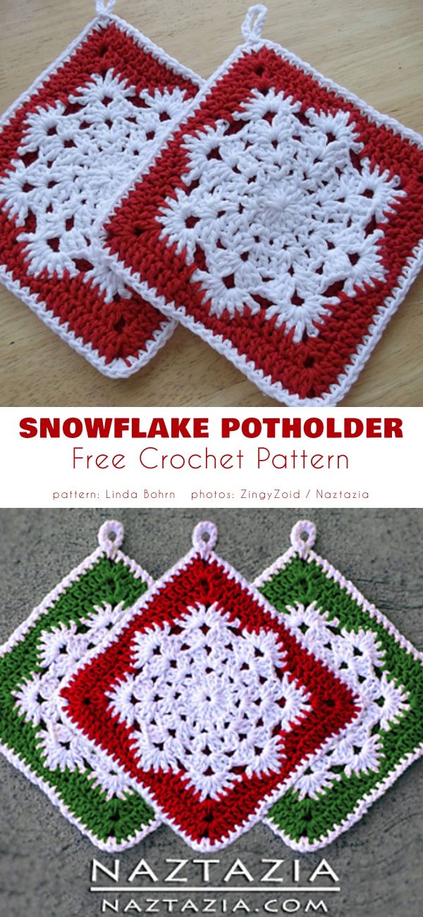 crocheted snowflake potholder is shown in two different colors