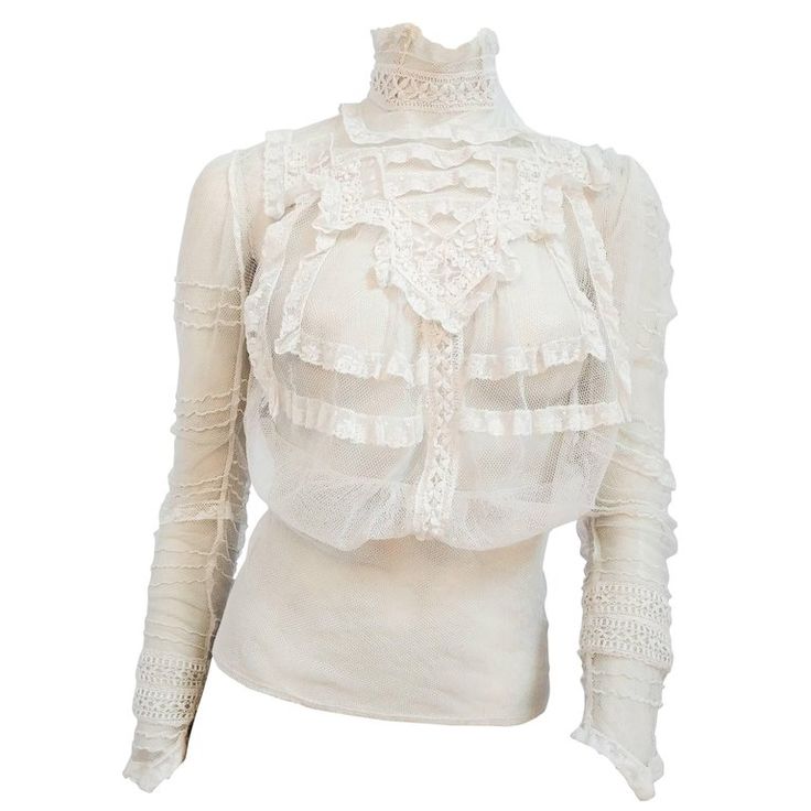 1900s White Lace Sheer Mesh Blouse For Sale Aged Clothing, Vintage Blouses, Vintage Bohemian Style, Bohemian Blouses, Mesh Blouse, Bohemian Tops, Edwardian Fashion, Historical Dresses, Fashion 2020