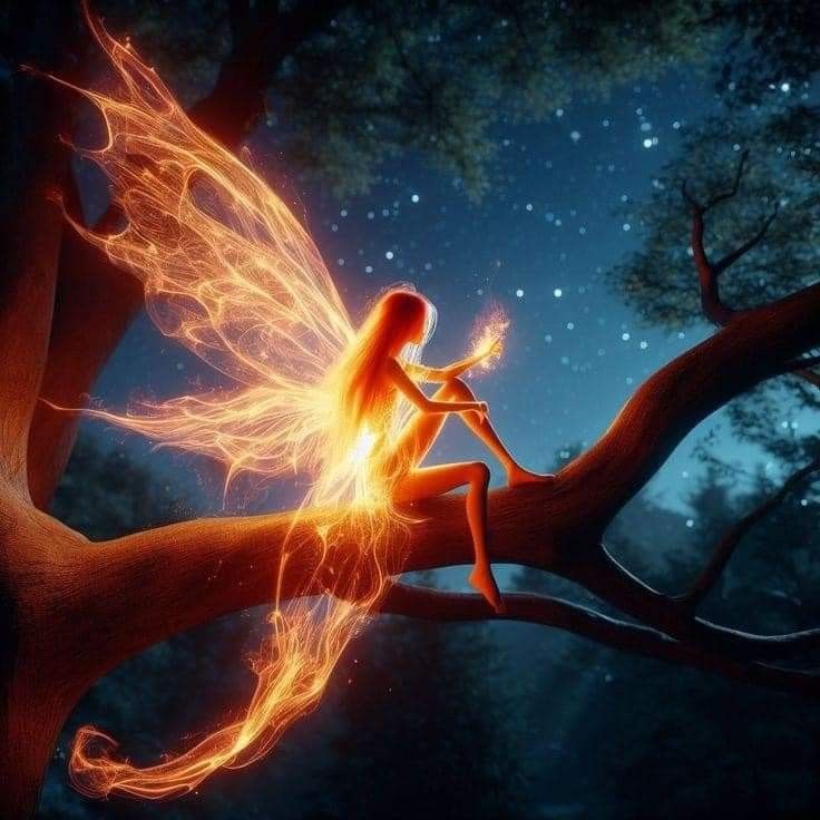 a fairy sitting on top of a tree branch with fire in her hair and wings