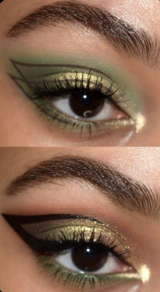 Frog Eye Makeup, Olive Green Eyeshadow, Green Makeup Ideas, Make Up Green, Olive Makeup, Green Makeup Look, Make Up Designs, Gold Makeup Looks, Gold Eye Makeup