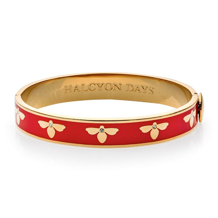 This hand-enameld, English made, 18k gold plated bangle bracelet with a crystal detailing is certain to add a bit of buzz to everyday and celebratory fashion. Red Bangle Gold Bracelet As Gift, Luxury Red Cuff Bracelet For Gift, Luxury Red Cuff Bracelet As Gift, Luxury Red Bangle As Gift, Luxury Red Bangle As A Gift, Detailed Paintings, Halcyon Days, Spinel Gemstone, Gold Plated Bangles