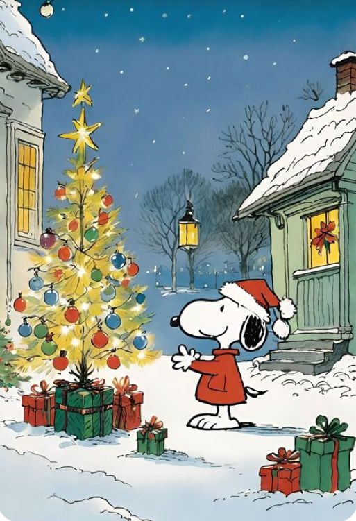 a charlie brown christmas card with a tree and presents in front of a small house