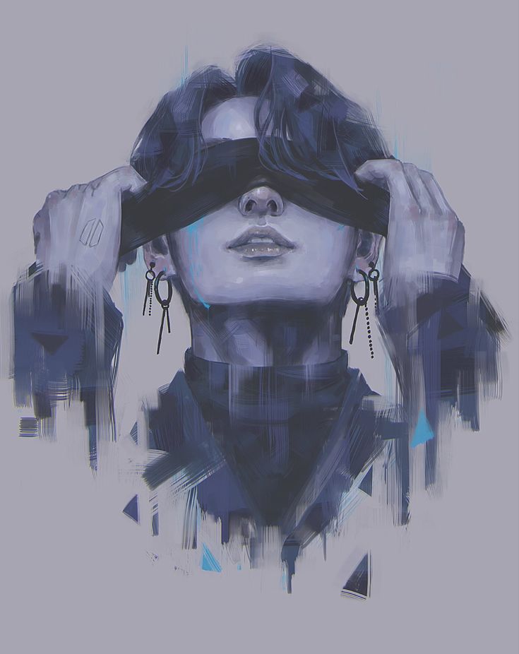 a digital painting of a woman covering her eyes with blindfolds and looking into the distance