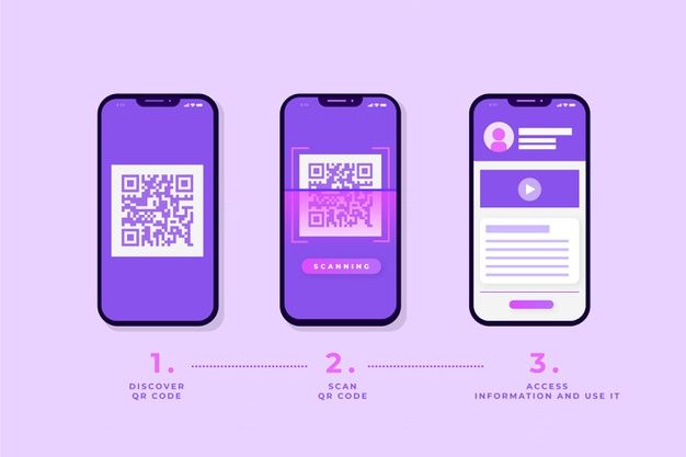 three smartphones with qr code on them, one is purple and the other is white