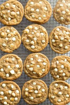 white chocolate chip cookies cooling on a wire rack