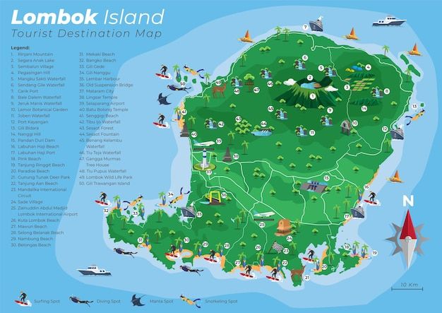 the lombok island tourist destination map is shown in green and features many different locations