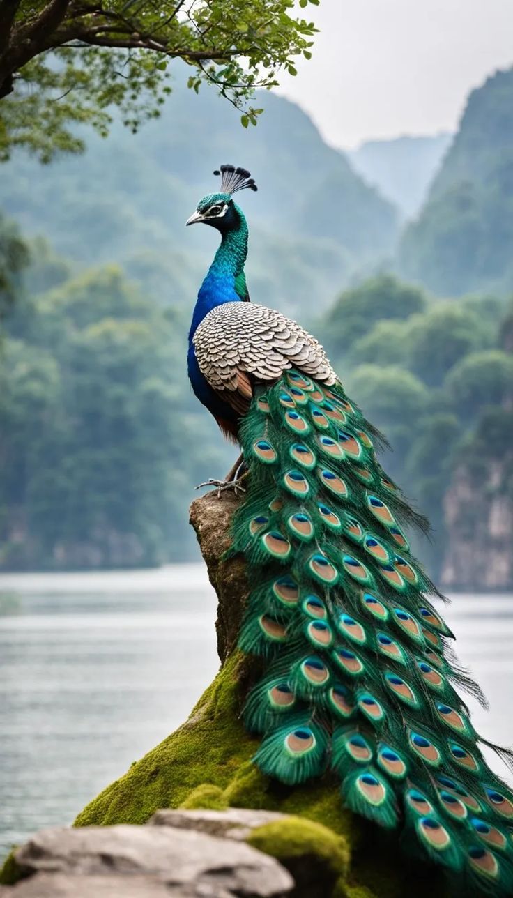 a peacock standing on top of a moss covered rock