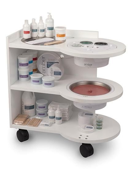 a white shelf with many different types of medical supplies on it's wheels and shelves