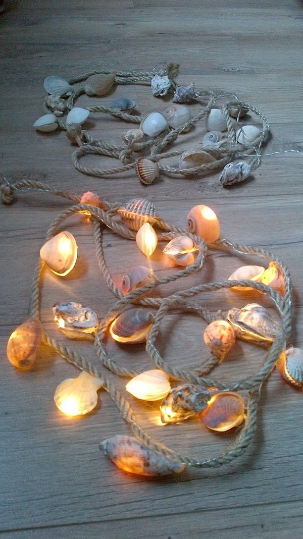 several seashells and rope with lights on them