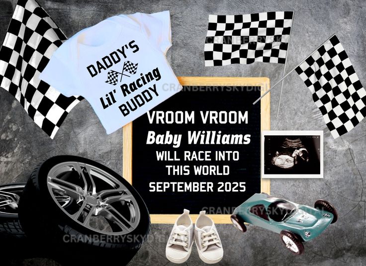 various items are displayed on a black and white background with checkered flags, t - shirts, and baby's shoes