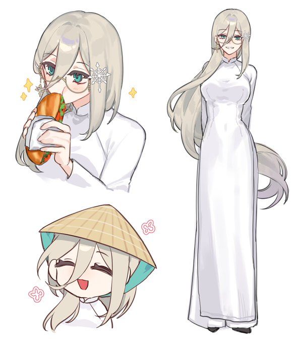 an anime character with long white hair, wearing a dress and holding a drink in her hand