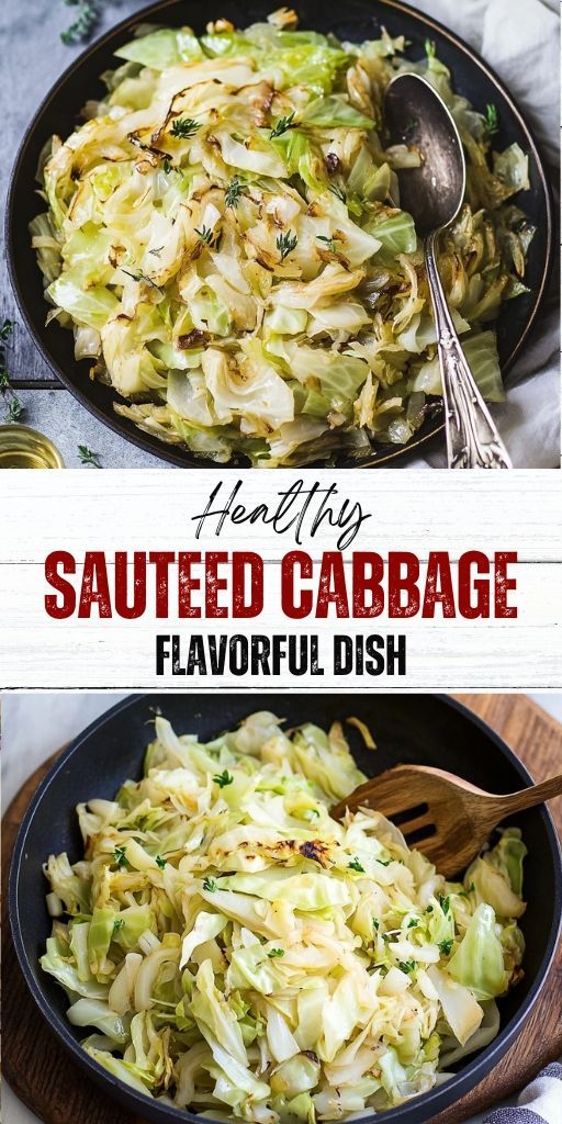 sauteed cabbage in a skillet with a wooden spoon and serving utensils