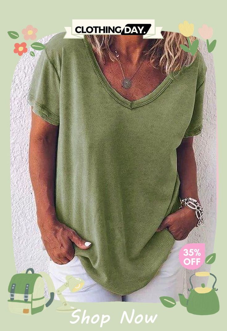 Short Sleeve V-neck Shirts Neck Shirt, Army Green, V Neck, Free Shipping, Women's Top, T Shirt, Clothes