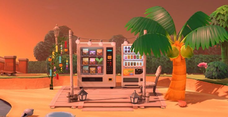 a vending machine sitting on top of a sandy beach next to a palm tree