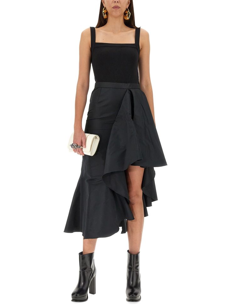 52% Viscose, 48% Acetate | Alexander Mc Queen Women's Ruffle Dress in Black | FW23/24 Chic Cocktail Mini Dress With Voluminous Skirt, Chic Mini Dress With Voluminous Skirt, Voluminous Knee-length Evening Dress, Evening Dresses With Voluminous Knee-length Skirt, Chic Mini Dress With Voluminous Skirt For Party, Chic Party Mini Dress With Voluminous Skirt, Elegant Dress With Voluminous Skirt For Night Out, Formal Flared Dress With Ruffles, Elegant Knee-length Dress With Voluminous Skirt