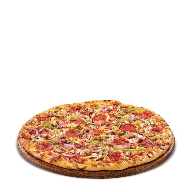 a large pizza sitting on top of a wooden platter