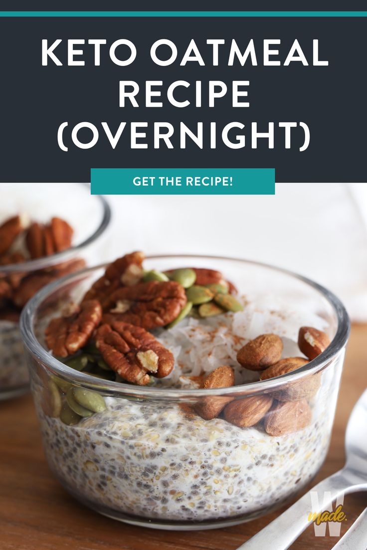 keto oatmeal recipe overnight in a glass bowl with nuts on top