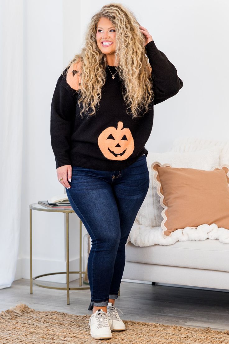 Get ready to show off your playful spirit with this sweater! This black sweater features a fun pumpkin knitting, perfect for adding some quirkiness to your fall wardrobe! Don't miss out on this must-have piece for the fall! 42% Acrylic, 28% Polyamide, 30% Polyester Casual Black Halloween Sweater, Casual Black Sweater For Halloween, Spooky Black Long Sleeve Sweater, Spooky Long Sleeve Black Sweater, Casual Halloween Knit Sweater, Black Knit Sweater For Fall, Fun Pumpkins, Fall Wardrobe, Black Sweaters