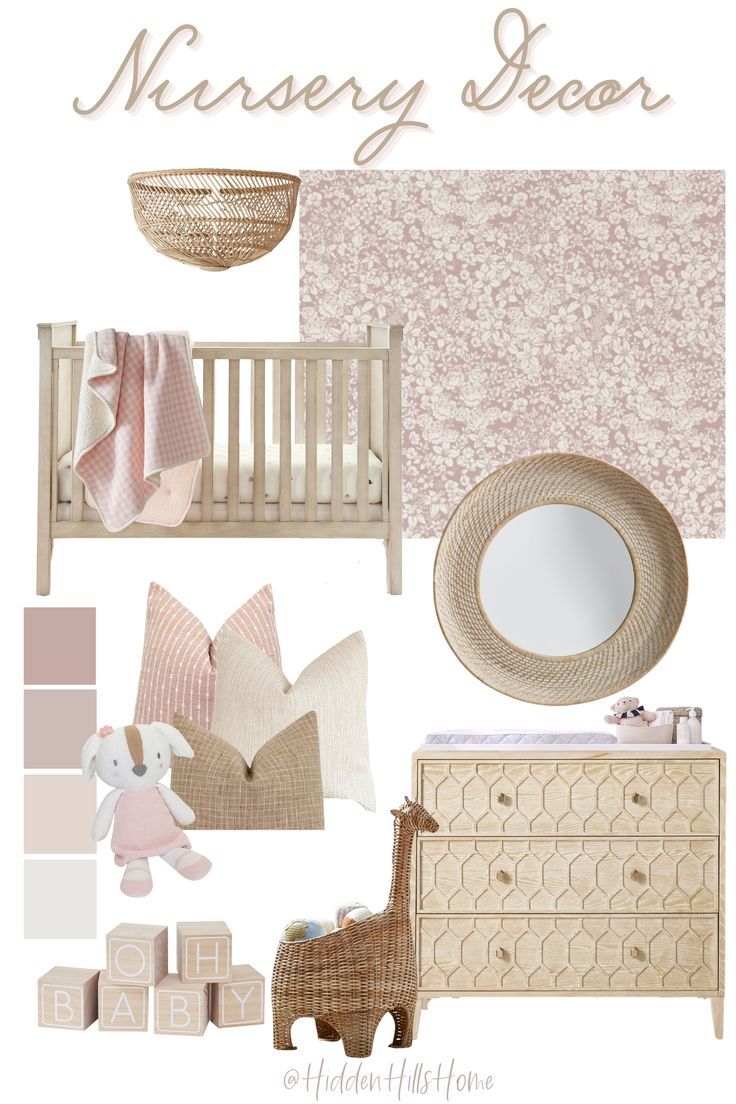 a baby's nursery room is shown with pink and white accessories, including a crib, dresser, mirror, blanket, teddy bear