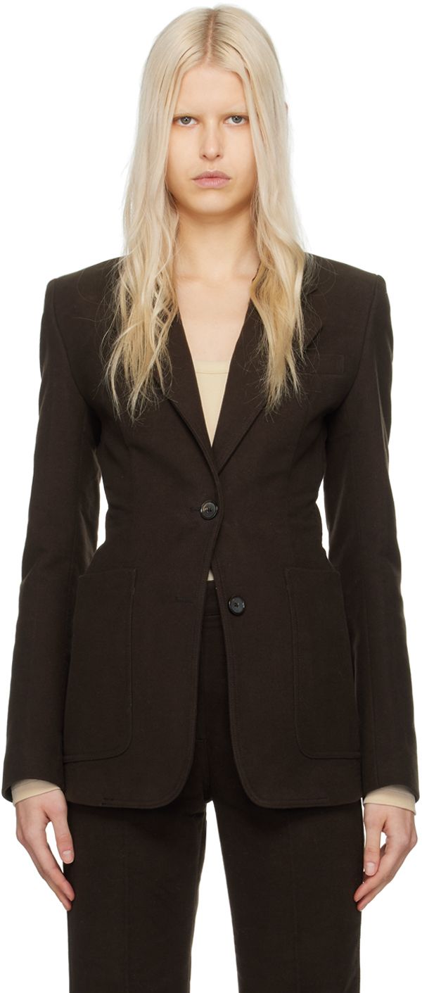 Find Totême Brown Cinched Blazer on Editorialist. Cotton- and recycled cotton-blend moleskin blazer. · Notched lapel · Button closure · Welt pocket · Patch pockets · Partial twill lining Supplier color: Espresso Blazer Beige, Brown Blazer, Brown Suits, Cotton Blazer, Denim Trends, Fitted Blazer, Womens Blazers, Work Looks, Long Sleeve Blazers