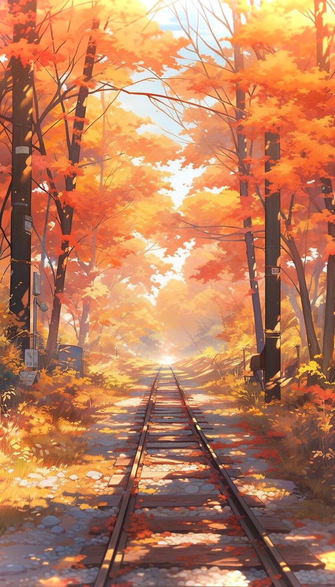 an image of a train track going through the woods with autumn trees on either side