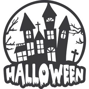 a black and white logo with the words halloween in front of a castle, bats and trees