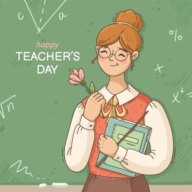 a woman holding a clipboard and flower in front of a chalk board with the words happy teacher's day written on it