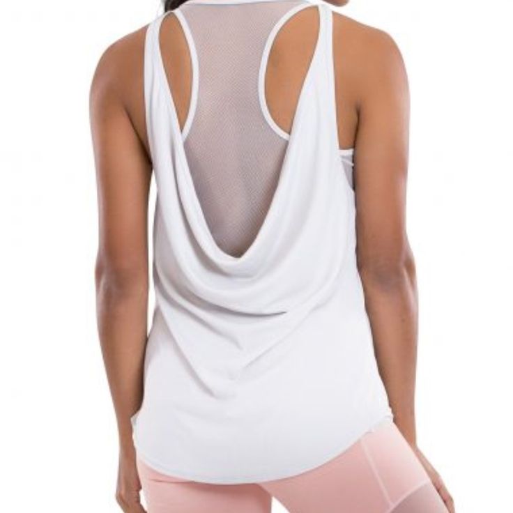 Sleeveless Tank With Draped Material On Back And Sheer Insert Spring Workout Sleeveless Tank Top, White Mesh Sleeveless Tank Top, Sleeveless Mesh Activewear For Light Exercise, Sleeveless Tops For Yoga In Summer, Sleeveless Mesh Top For Spring, Spring Sleeveless Mesh Tank Top, Mesh Sleeveless Tank Top For Workout, Fitted Sleeveless Tank Top With Mesh Back, Spring Mesh Sleeveless Tank Top