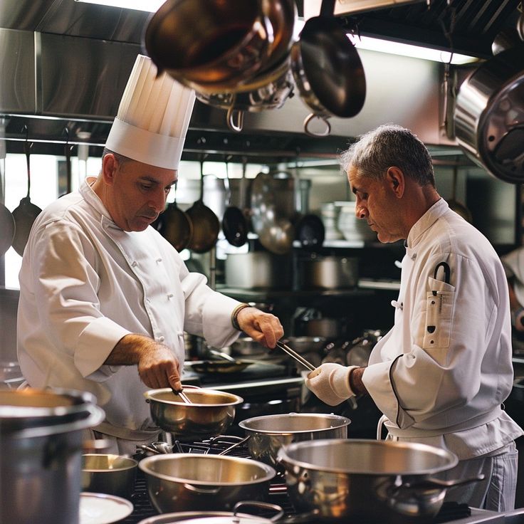 two chefs are in the kitchen preparing food