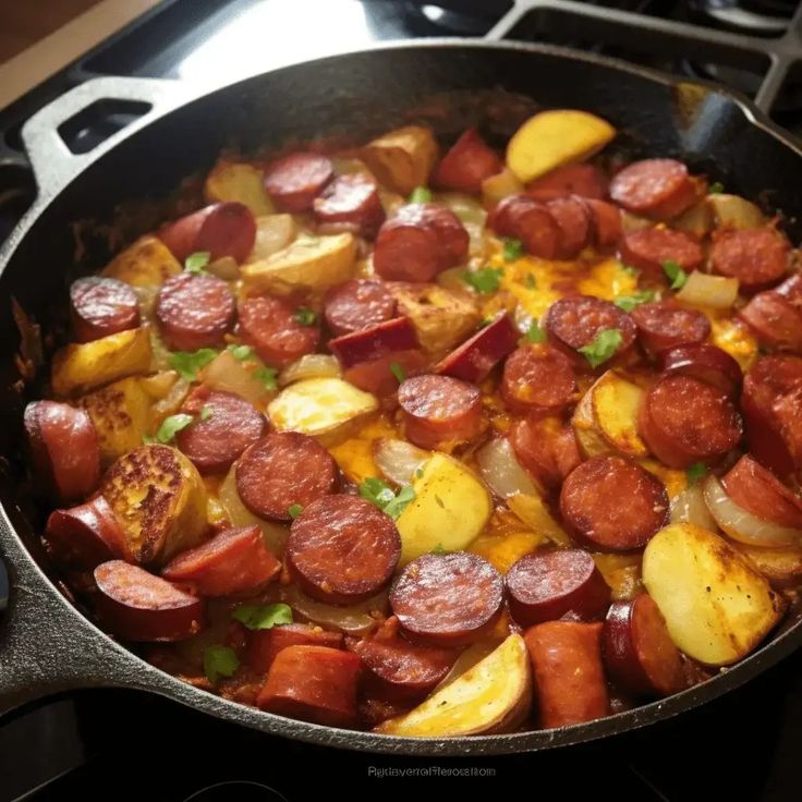 a pan filled with sausage and potatoes on top of a stove