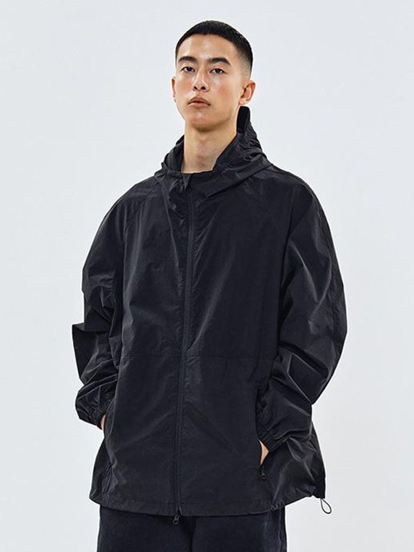 Editor's NotesCut from matt nylon, this windbreaker jacket is ideal for unexpected weather change and transitional months. It features practical details like zipper, elastic band and adjustable drawstring.- Hooded neck- Two-way zip-up fastening- Two front zipped pockets- Raglan sleeves- Metal eyelets at under armhole- Elasticated cuffs- Adjustable drawstring and stopper at hem- Oversized fitMeasurements (in.)M / L- Shoulder+Sleeve: 32.9 in. / 33.3 in.- Chest: 28.1 in. / 29.3 in.- Total Length: 2 Solid Techwear Track Jacket For Outdoor Activities, Black Nylon Windproof Track Jacket, Black Nylon Track Jacket For Outdoor, Black Nylon Windproof Windbreaker, Nylon Track Jacket With Adjustable Hood For Outdoor Activities, Solid Nylon Track Jacket For Outdoor, Nylon Track Jacket For Outdoor, Nylon Track Jacket With Adjustable Hood For Hiking, Nylon Track Jacket With Adjustable Hood For Outdoor