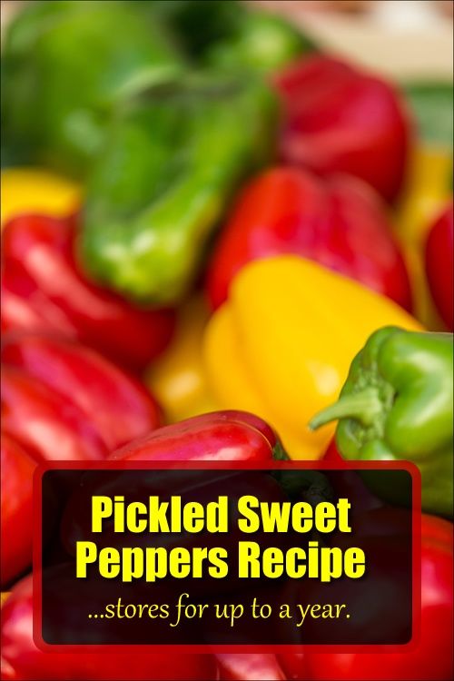 the pickled sweet peppers recipe is shown in red, yellow and green bell peppers