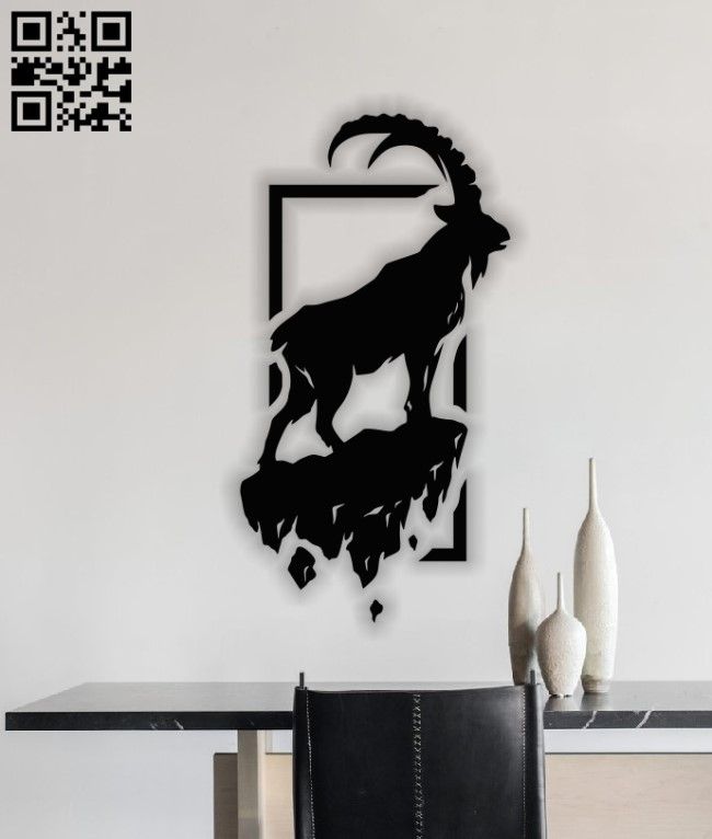 a black and white photo of a goat on a wall with qr code in the background