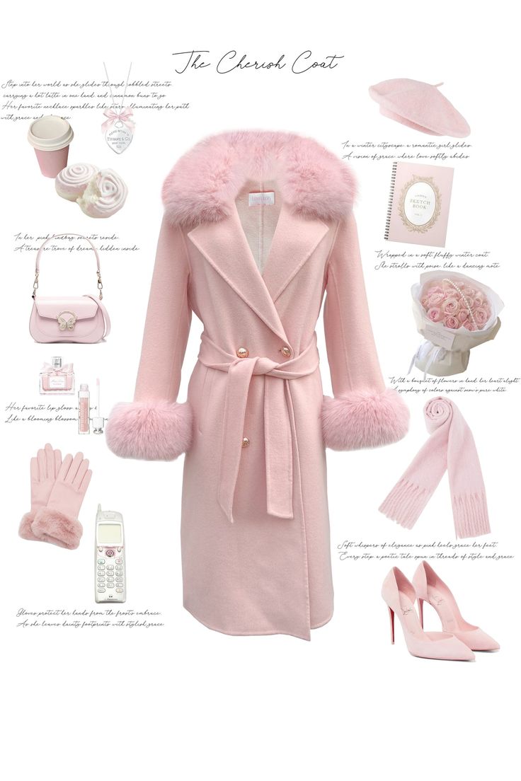 Crafted from lush cashmere wool and trimmed with fine faux fur, the Cherish Coat will be the softest thing you'll ever feel wrapped around you. This lavish piece features a double breasted opening adorned with gold buttons and oversized notched lapels for a romantic yet sophisticated look. With its long proportions and Romantic Dresses Date Night, Winter Princess, European Summer Outfits, Pink Coat, Faux Fur Collar, Cashmere Coat, Cashmere Wool, Gold Enamel, Pink Outfit