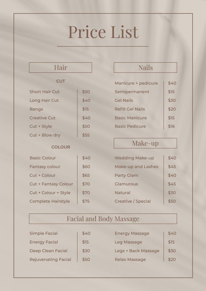 the price list for hair salons