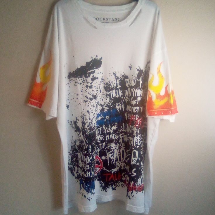 Nwot Rockstar Sushi Heavily Distress Flame Graphic Tee This Shit Is Very Unique Has Heavy Distressing Holes And Fraying Everywhere Made Intentionally Has Brown Marks On Shoulder Might Come Out Not Sure Size Xxl Location E Casual Summer T-shirt For Concerts, White Hip Hop Shirt For Summer, White Hip Hop Style Shirt For Summer, Casual Summer T-shirt With Graffiti Print, Grunge Tops With Sublimation Print For Streetwear, Graphic Print Festival T-shirt For Summer, Summer Festival Graphic Print T-shirt, White Graphic Design Shirt For Summer, White Summer Top With Graphic Design