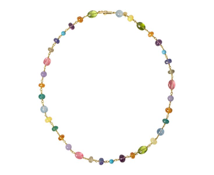 A rainbow of mixed-shape beads make this stunning Mallary Marks necklace a must-have for any serious collector. With a color to match everything, each bead - including tourmaline, aquamarine, amethyst, tanzanite, mandarin garnet, tanzanite, chalcedony, peridot, sapphire and turquoise - is wrapped in 22K yellow gold wire to create the continuous strand. Layered with your other favorites or worn alone, it also offers an understated elegance. total length : 16 3/4" : 22K yellow goldaquamarine : 10. Luxury Multicolor Briolette Necklaces, Luxury Multicolor Briolette Necklace, Luxury Multicolor Round Bead Jewelry, Luxury Multicolor Briolette Jewelry, Luxury Multicolor Multi-stone Necklaces, Luxury Multicolor Necklace With Gemstone Accents, Luxury Multicolor Gemstone Necklaces, Luxury Multicolor Necklaces With Gemstone Accents, Luxury Multicolor Beaded Jewelry