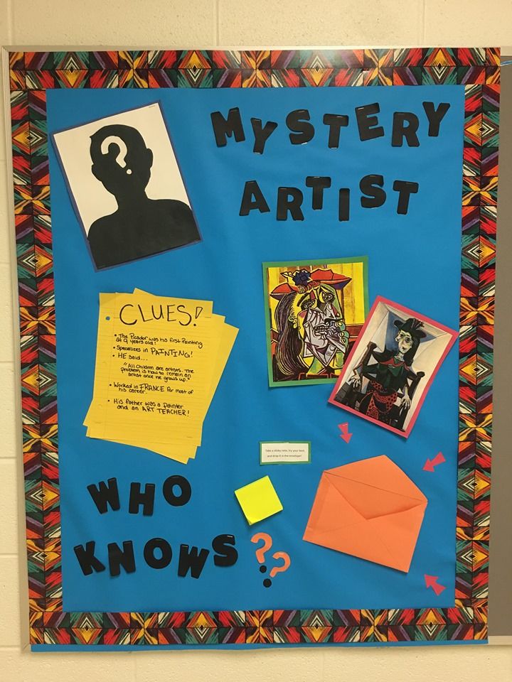 a bulletin board with pictures and other items on it that say, mystery artist who knows?