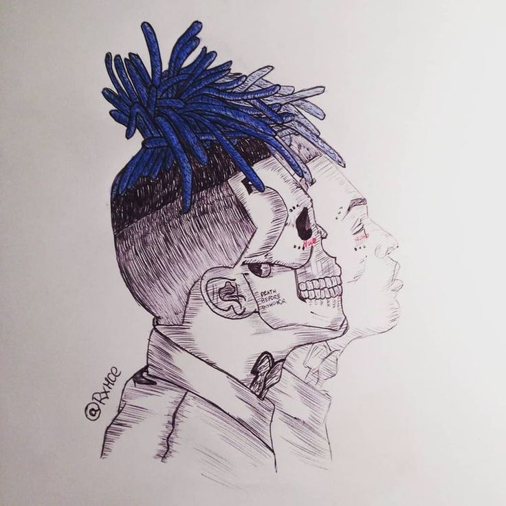 a drawing of two people with blue hair on their heads and one has a skull in the middle