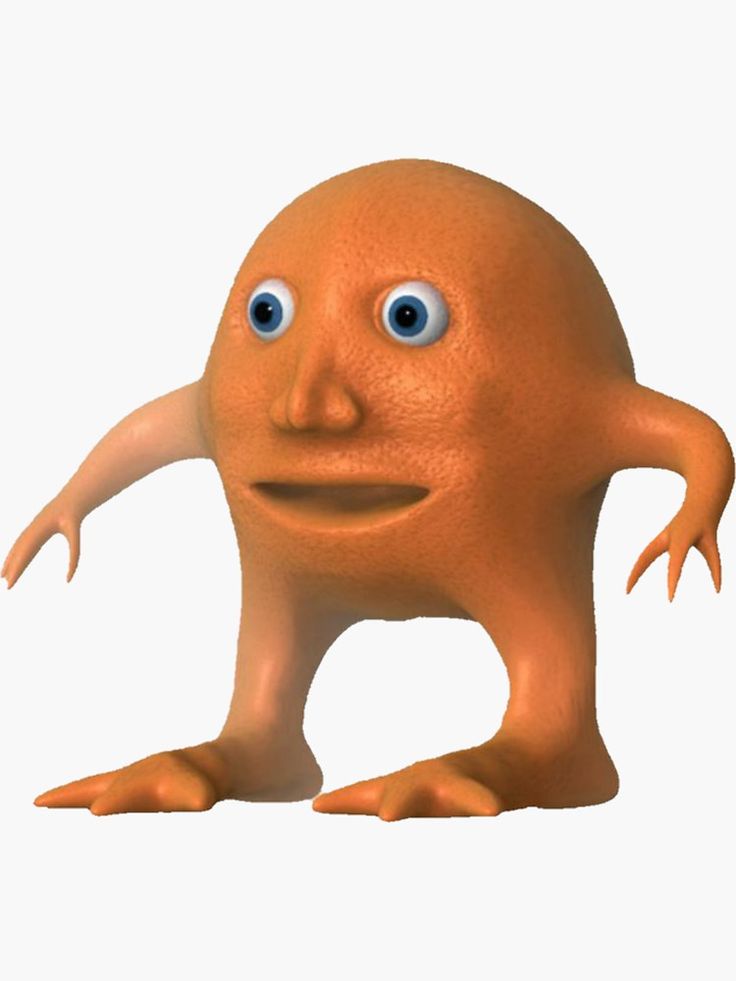 an orange cartoon character with blue eyes and hands on his hips, standing in front of a white background