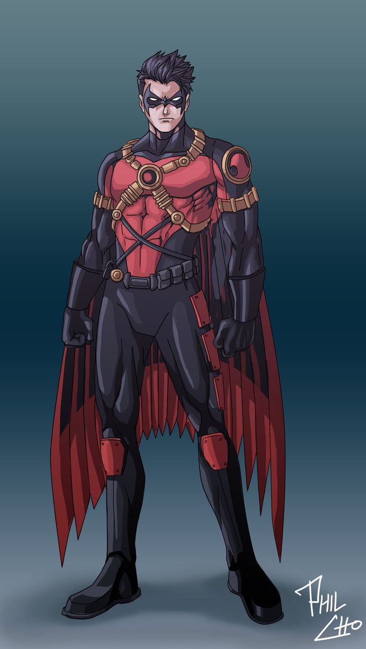 a man in a red and black costume with wings on his chest, standing next to a