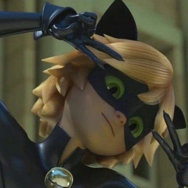 the animated character is dressed in black and has green eyes, blonde hair, and a cat mask