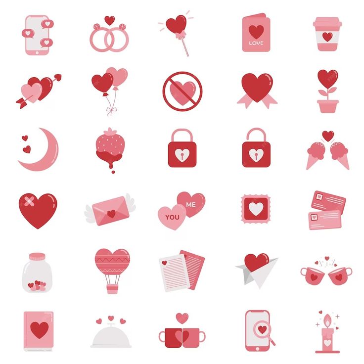 valentine's day icons are shown in red and pink colors on a white background